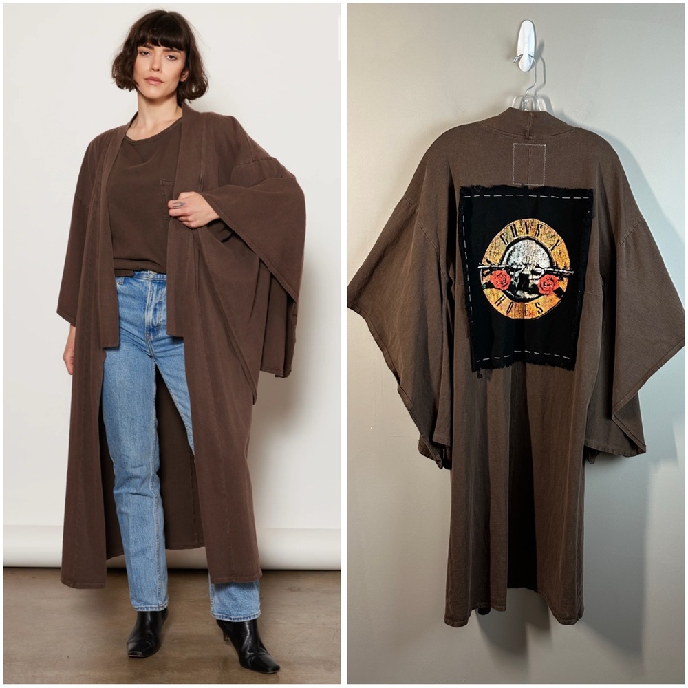 Brown Kimono-Style Long Cardigan with Back Patch